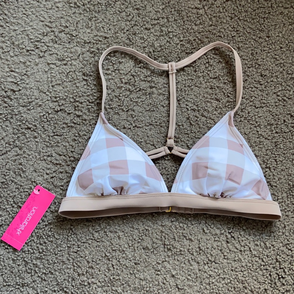 Tan and white checkered bikini top